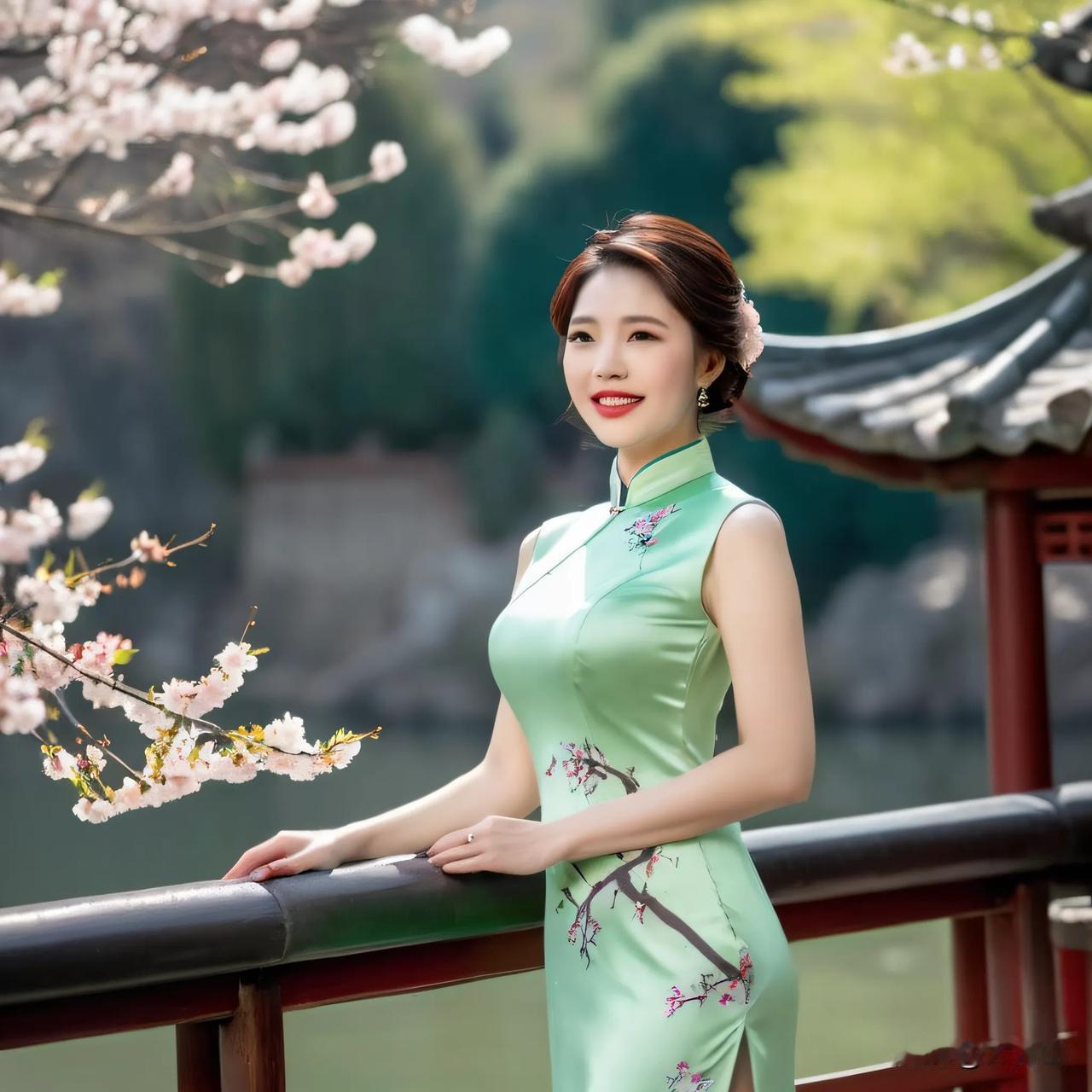 青丝翠裙，玉颜含笑。