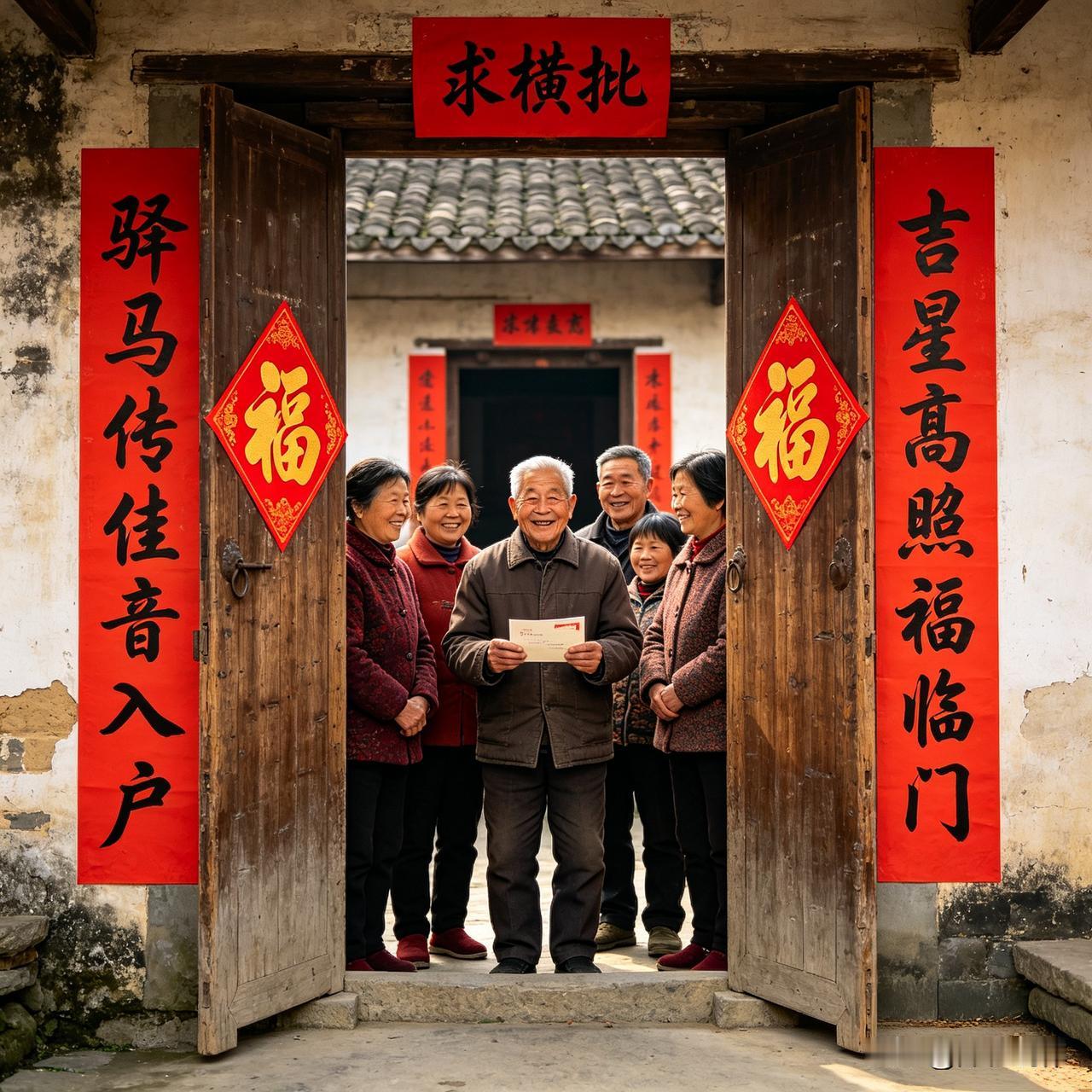 “驿马传佳音入户，吉星高照福临门”——上联写喜讯登门，下联盼福气满院，满是顺遂喜