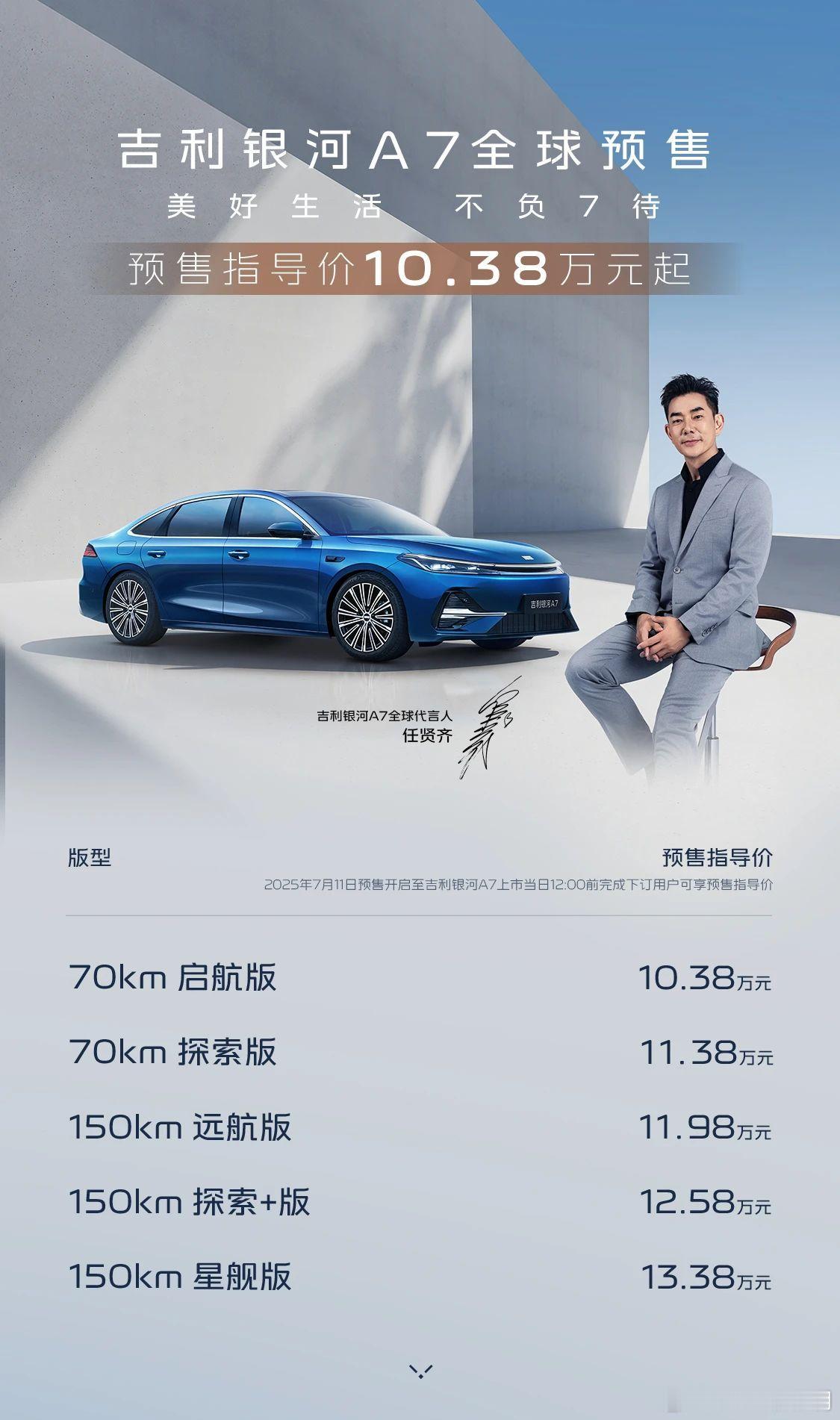 吉利银河A7 预售指导价10.38万元起 限时享至高价值14800元预售权益 全