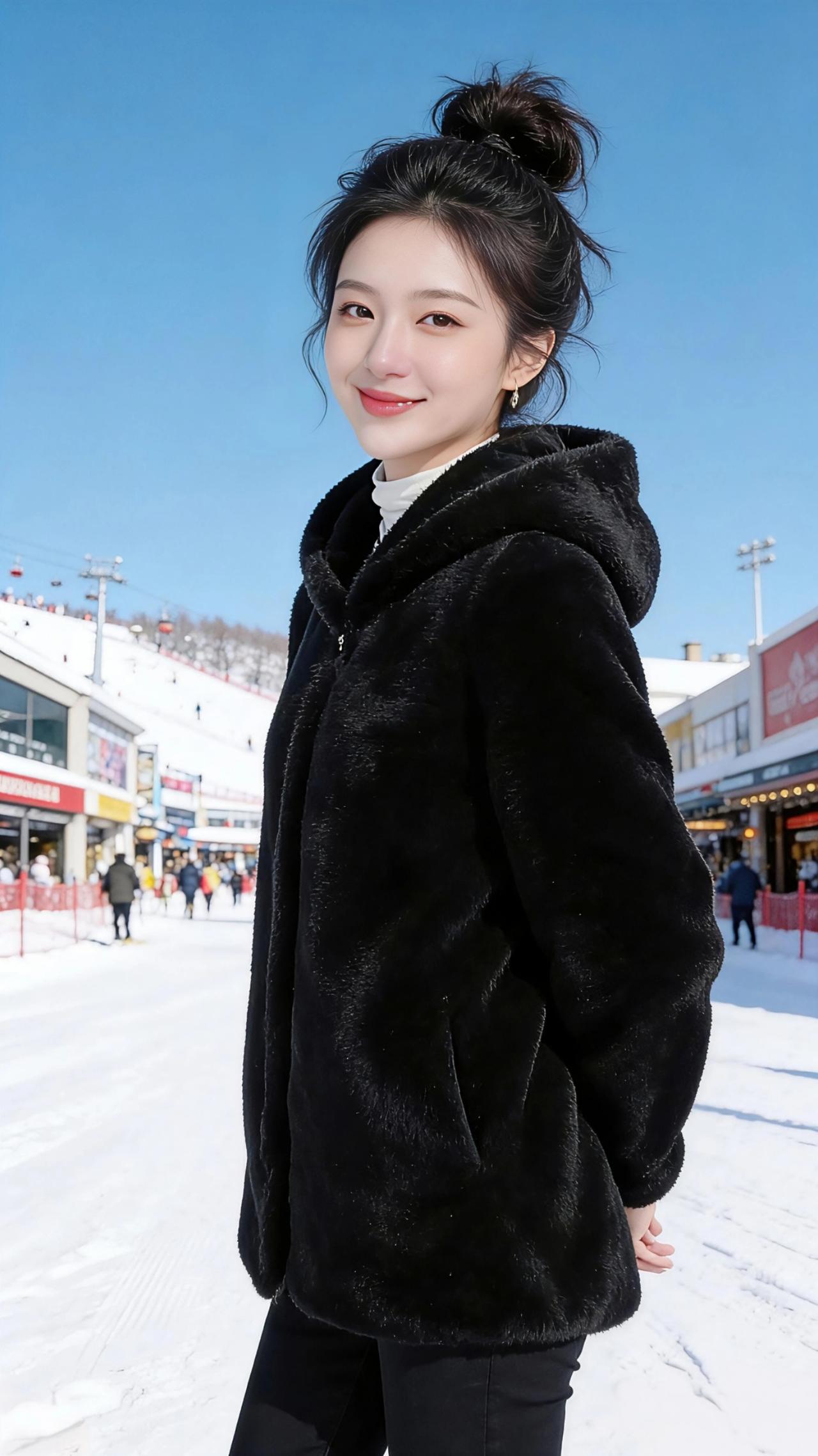 雪场的绒光
 
滑雪场的风裹着雪粒，撞在身上却被那件黑色的毛绒外套温柔接住。蓬松