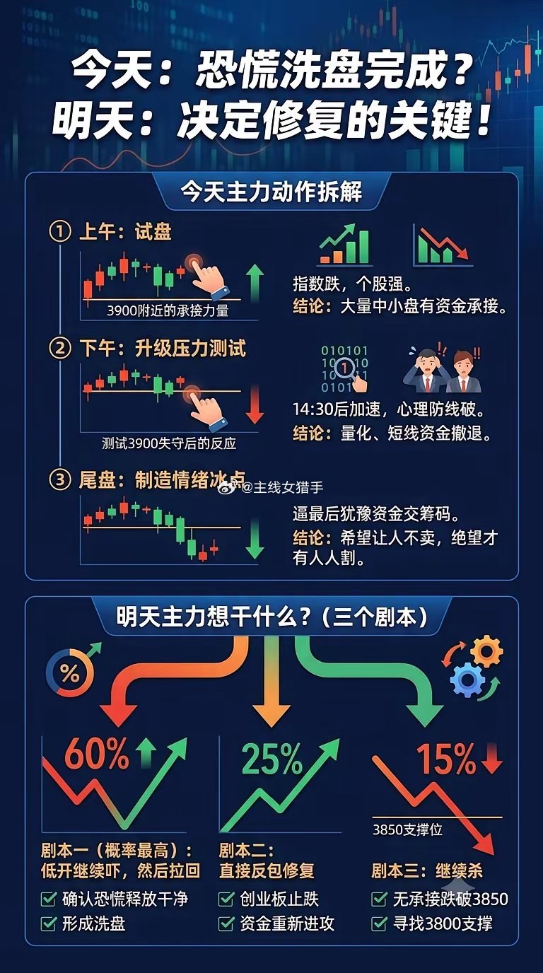 主力借利空完成恐慌洗盘！明日三种行情剧本全部讲透今天这一轮下跌，本质就是主力借着