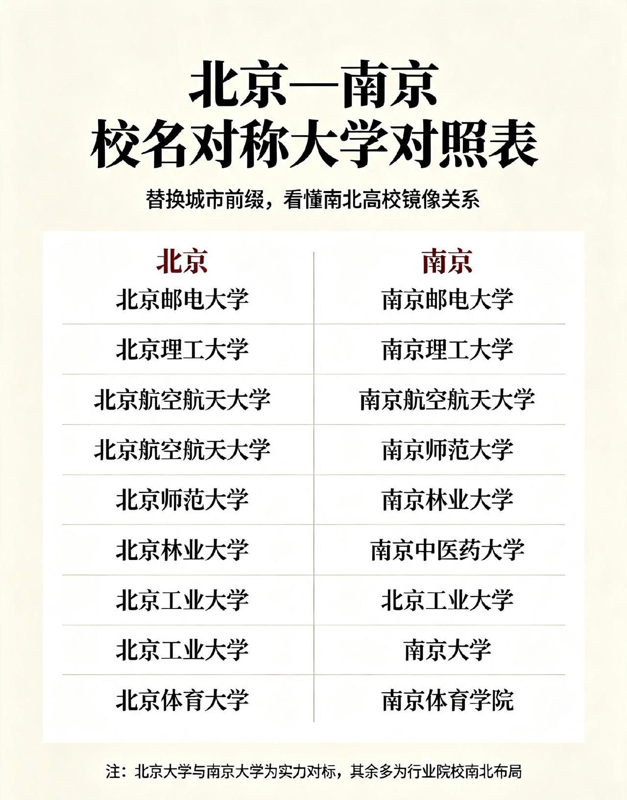 很多人发现，北京、南京有多所大学名字高度对称。只需把校名里的“北京”换成“南京”
