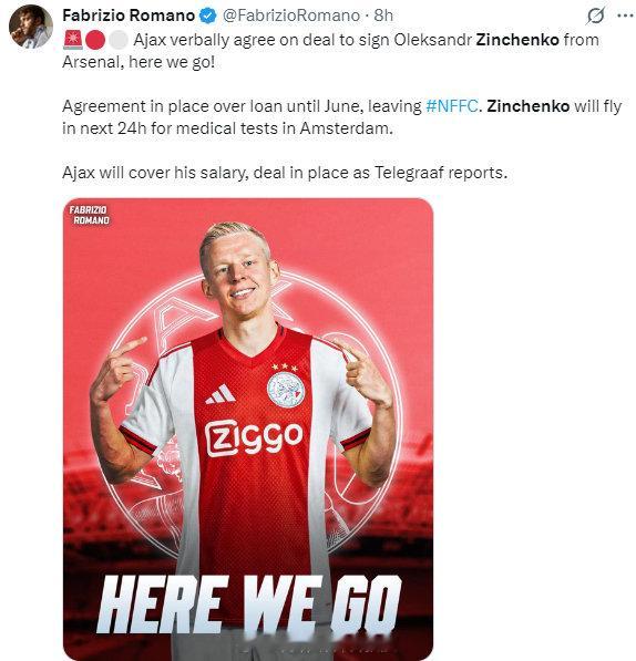 罗马诺表示：阿贾克斯即将签下津琴科，已达成口头协议。双方就租借至6月的合同达成一