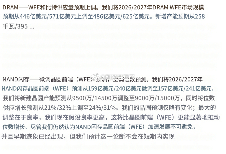 大摩：中国 DRAM 与 NAND 晶圆厂设备（WFE）支出预测 DRAM：> 