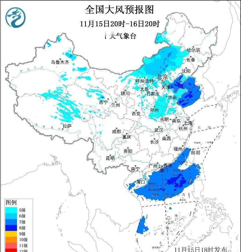 【大风和干燥】未来2天寒潮南下，将导致中东部以及东部和南部海区出现大风。对应形势