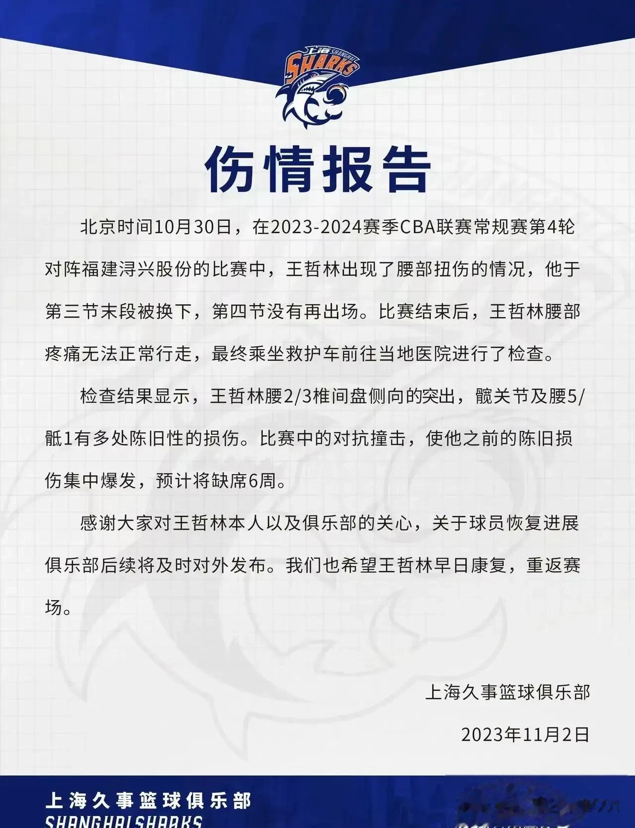 王哲林又伤了……上海大鲨鱼队完了！这家伙要休息6周以上[捂脸]把上海队给坑了！[