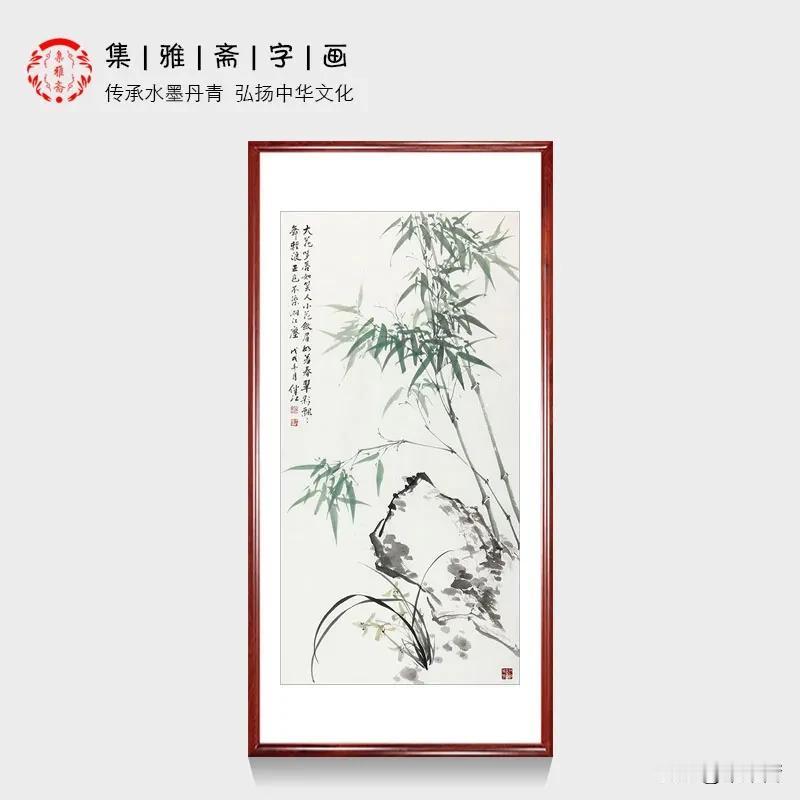 肖洪辉笔下水国画竹石图，落笔洒脱写意，极具文人画意趣。根根竹干挺拔修长，俯仰穿插