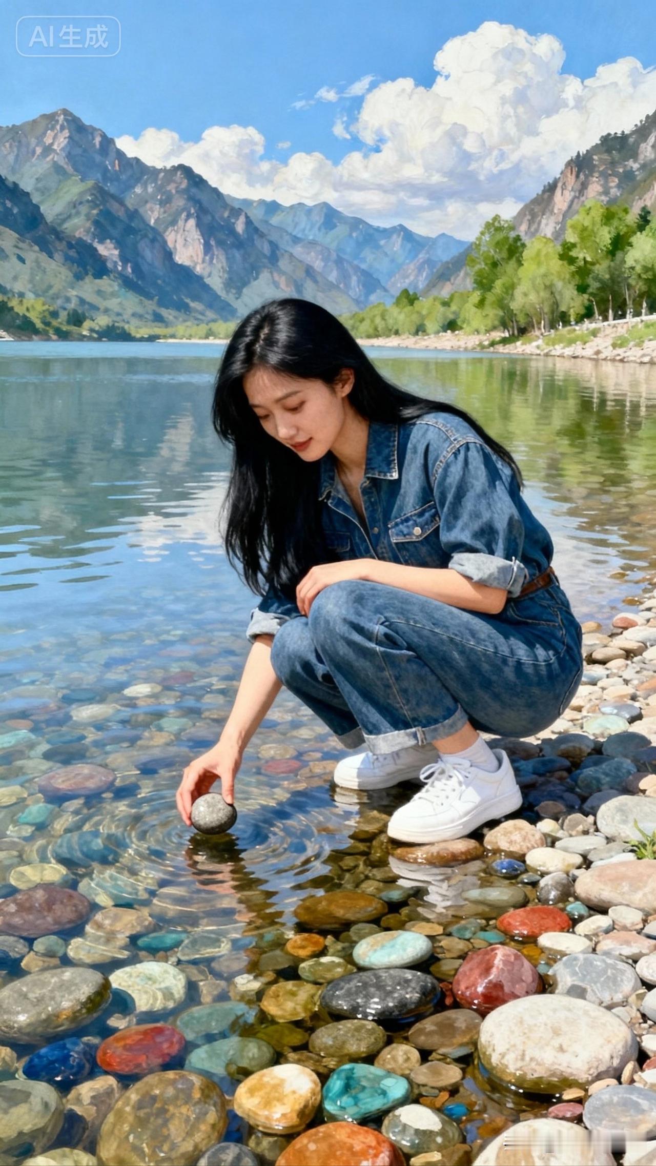 在湖边捡石头，感受大自然的美好