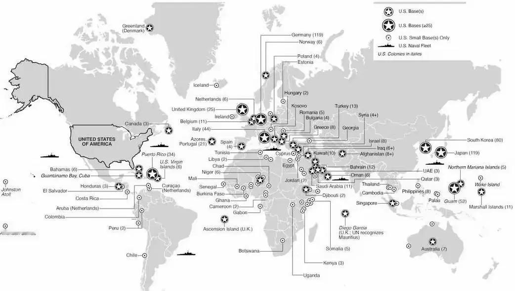 美国全球军事基地分布图，看着密密麻麻非常吓人，实际上上世纪六十年代毛主席就评价过