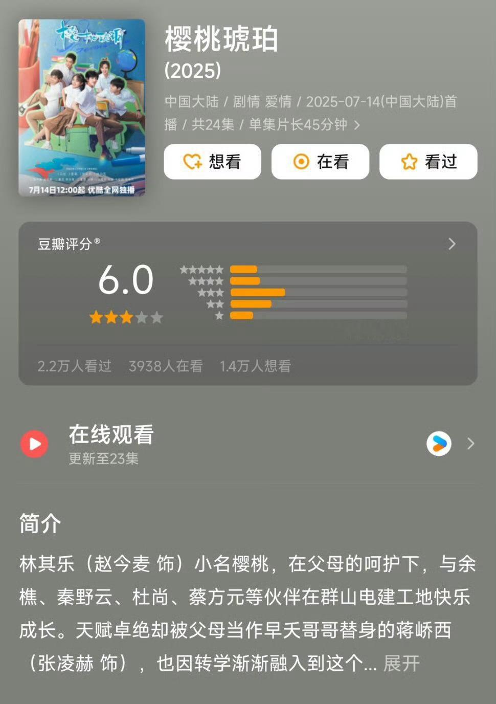 这个暑假又不叫座又不叫好的赵今麦、张凌赫《樱桃琥珀》评分又降了6.0—5.8，不