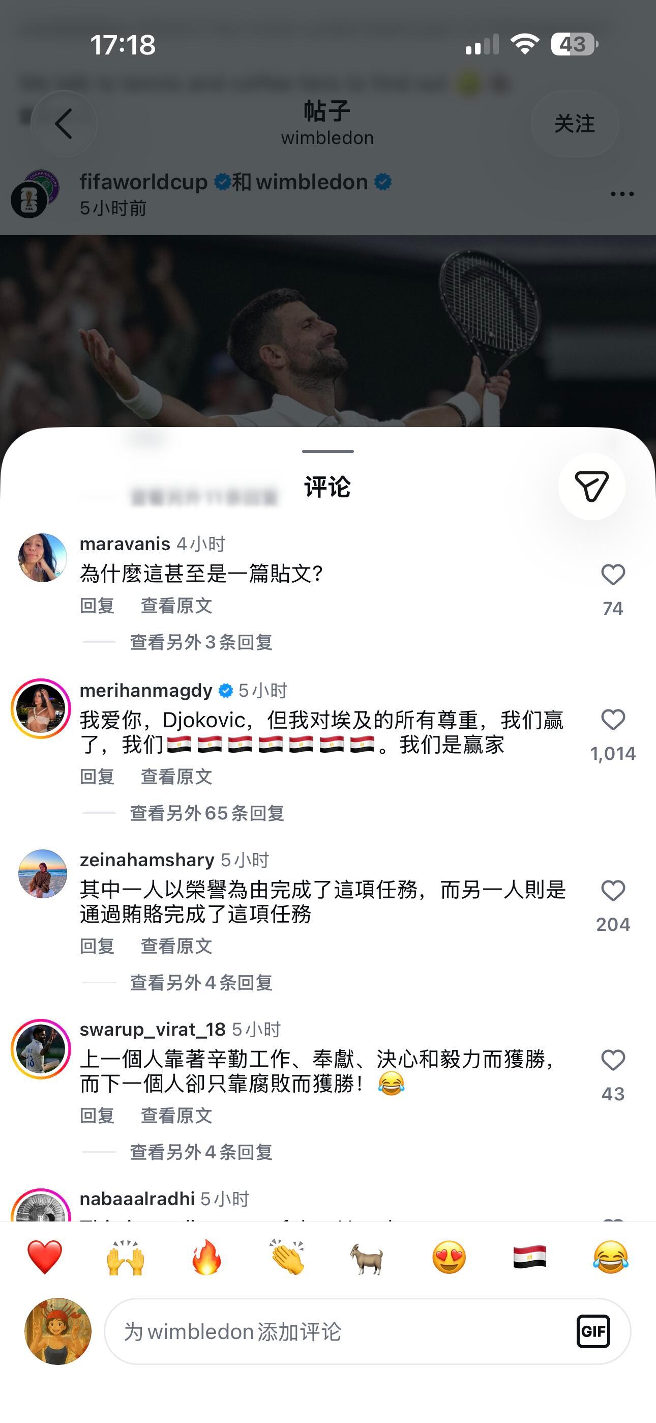 温网社媒祝贺阿根廷被冲温网和FIFA一同发文为阿根廷送上祝福，惹怒了不少德约的支