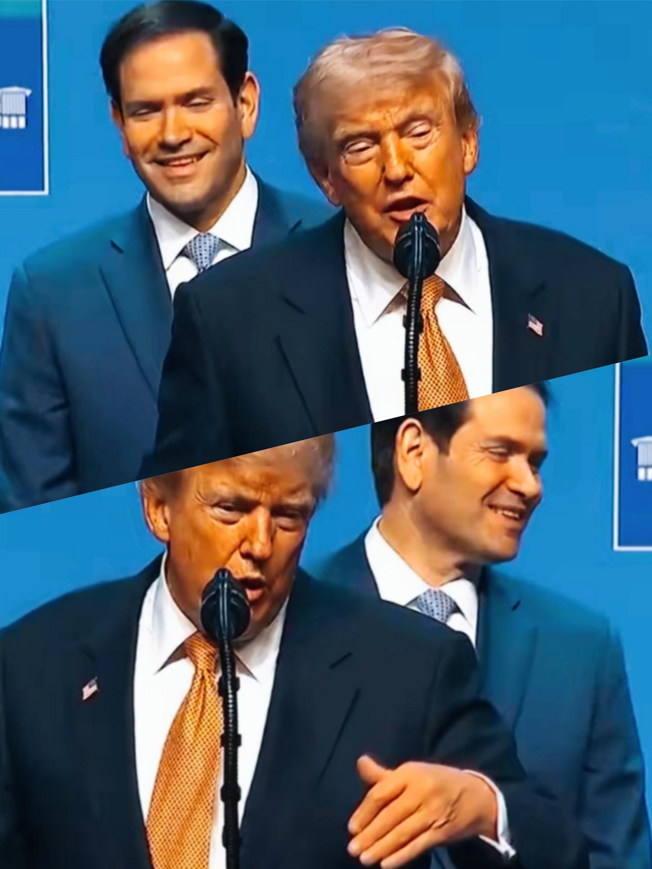 特朗普这是在演讲什么事情呢？让站在身后的鲁比奥一脸笑意啊！
鲁比奥这是被特朗普的