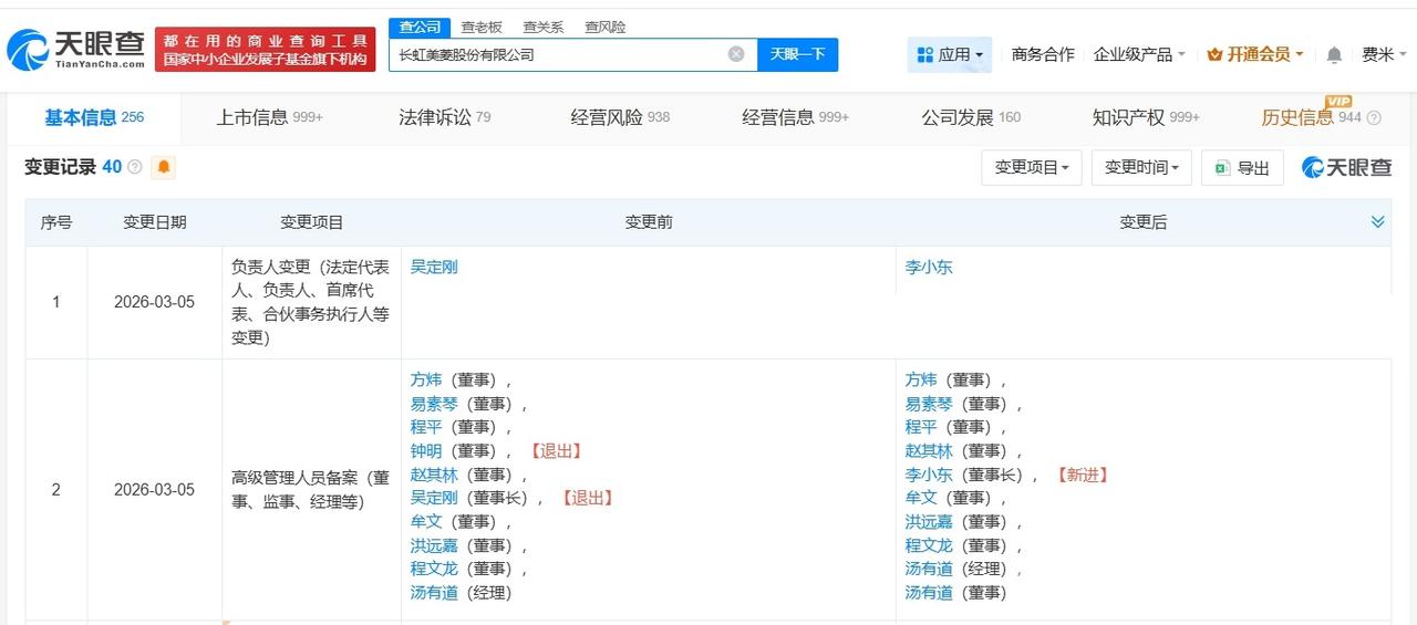 李小东任长虹美菱董事长

长虹美菱换帅完成工商变更
天眼查App显示，近日，长虹