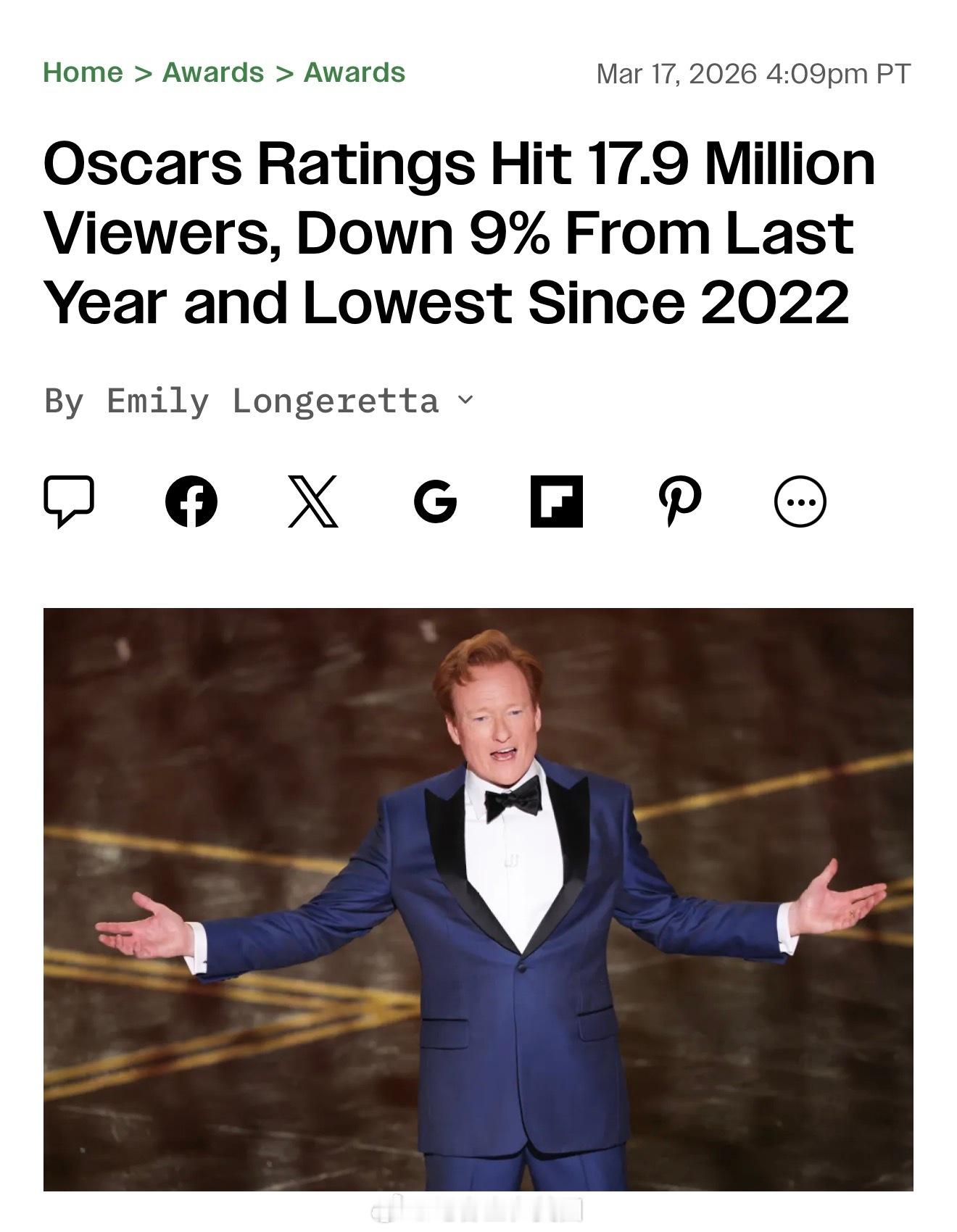 今年奥斯卡收视率较去年跌9%，近4年来最低。热点现场海外新鲜事奥斯卡