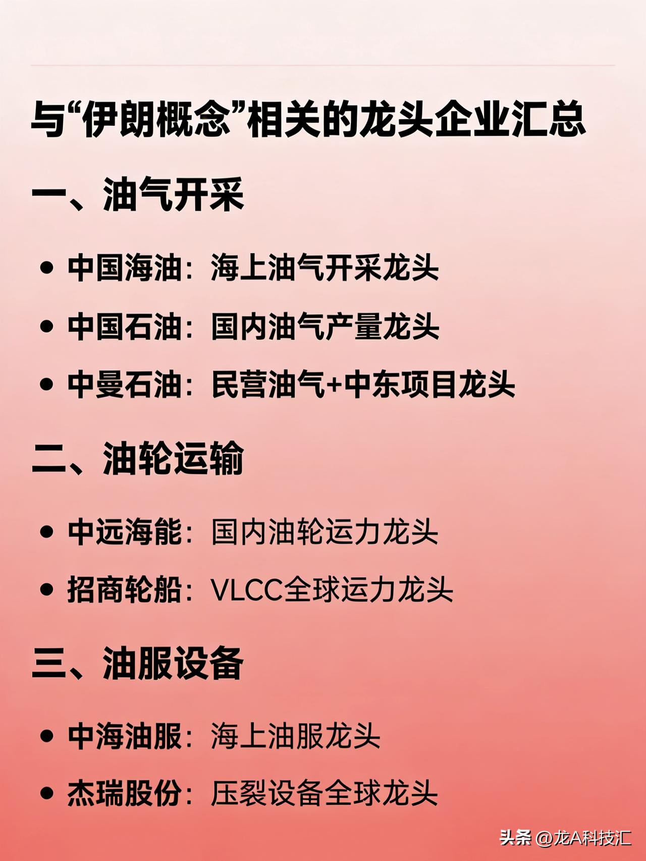 与“伊朗概念”相关的龙头企业汇总

一、油气开采

中国海油：海上油气开采龙头