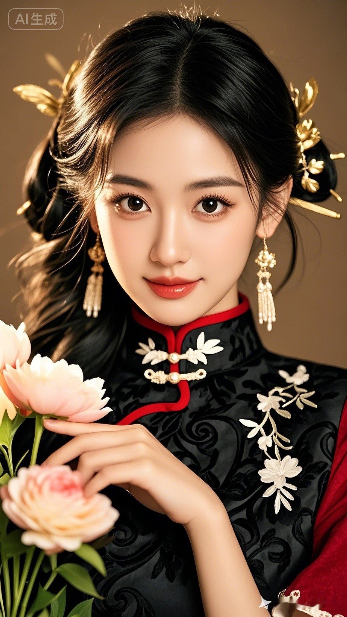 少女浓眉大眼长睫灵动，瀑发垂腰，着黑纱立领盘扣衣，红领明艳。与娇艳鲜花相映，光影