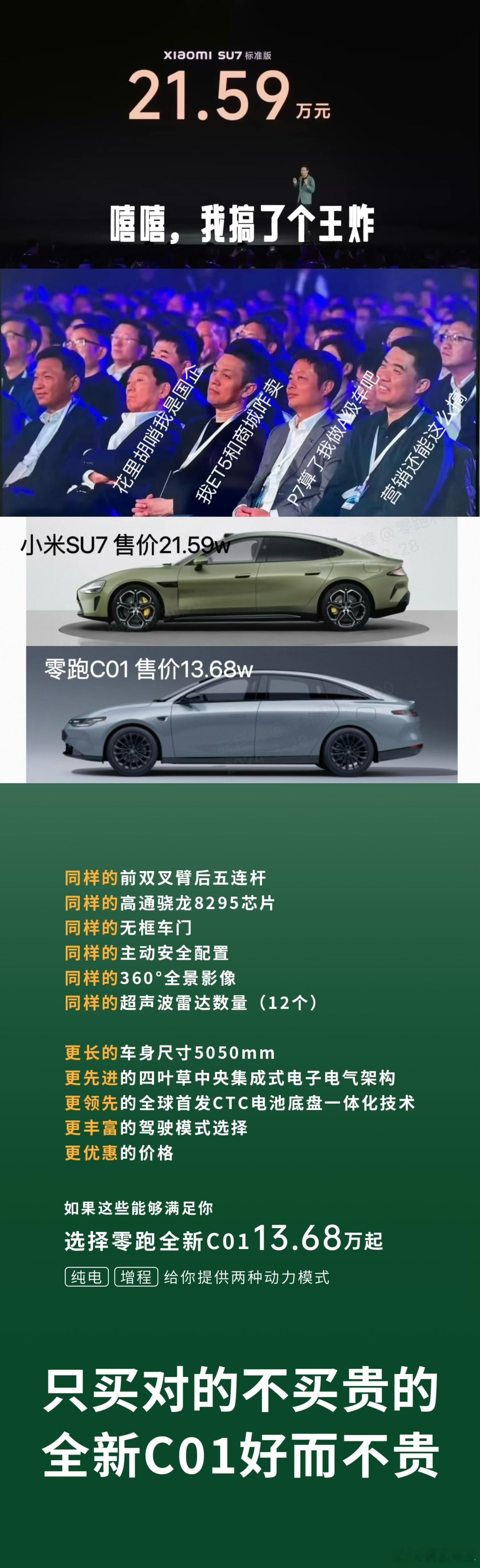 🔶苏7看上去性价比挺高，但跟真正的性价比杀手零跑一比：配置差不多，零跑C01才