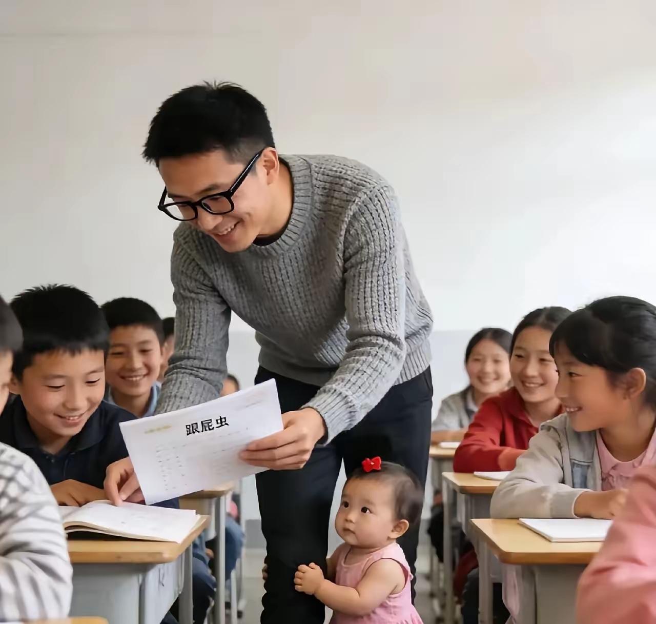 云南，一男老师将自己一岁多的孩子，每天带到教室上授课。后因男老师课堂上的授课视频