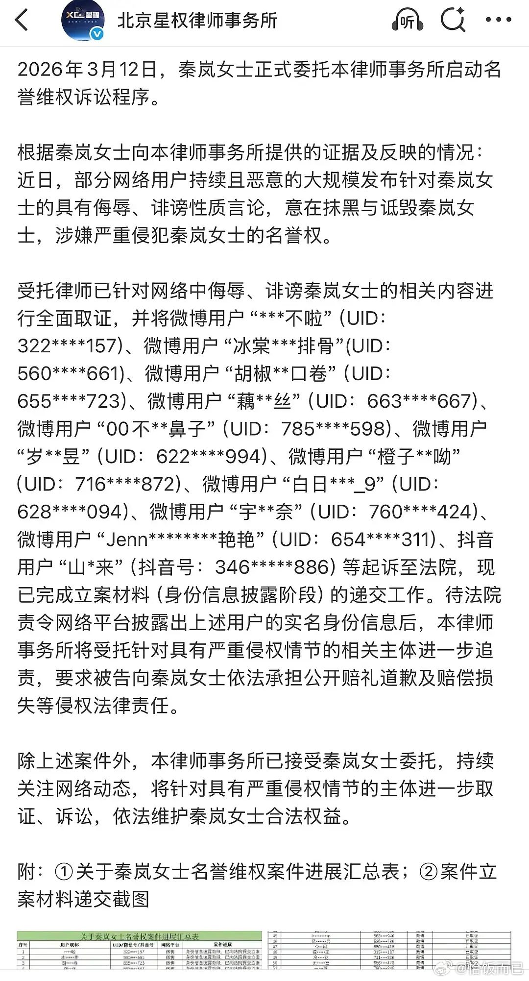 秦岚全平台告黑89个人