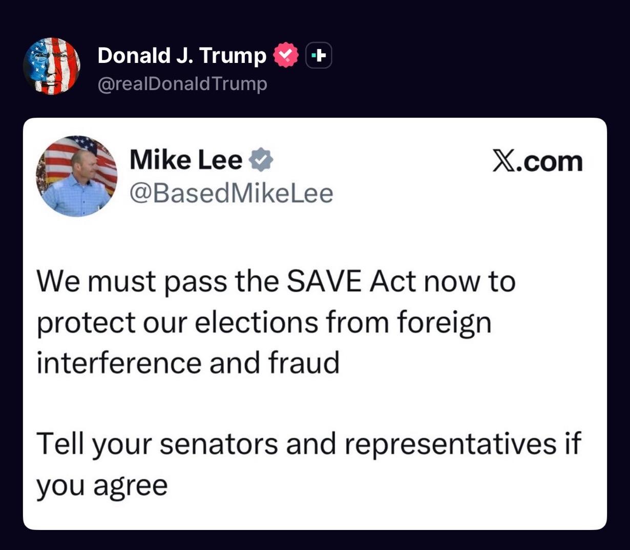 特朗普要求国会立即通过《拯救选民法案》（SAVE Act），该法案将要求选民亲自