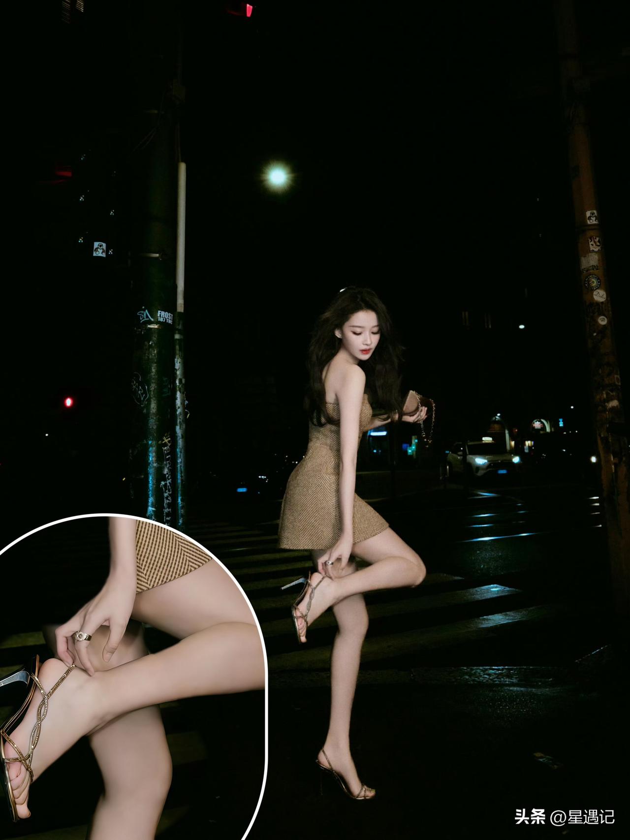 孙怡雨夜街拍，抬手轻理脚踝高跟绑带，这个小动作好看吗？
