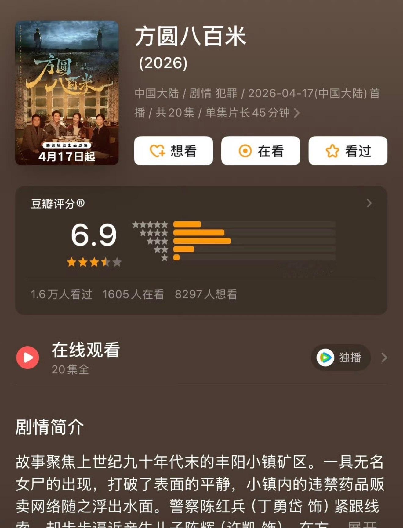 许凯主演《方圆八百米》db开分6.9..我觉得低了这部剧我追平了，剧很好看。各方