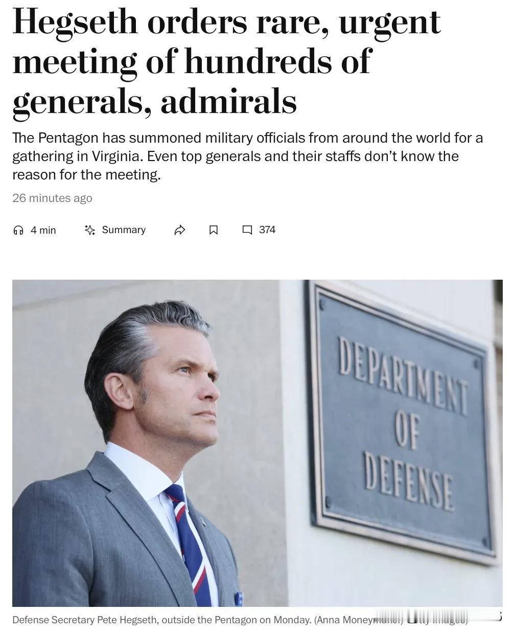 🇺🇸 “我们可能会开战。”

突发新闻：国防部长皮特·赫格塞斯下令数百名美国