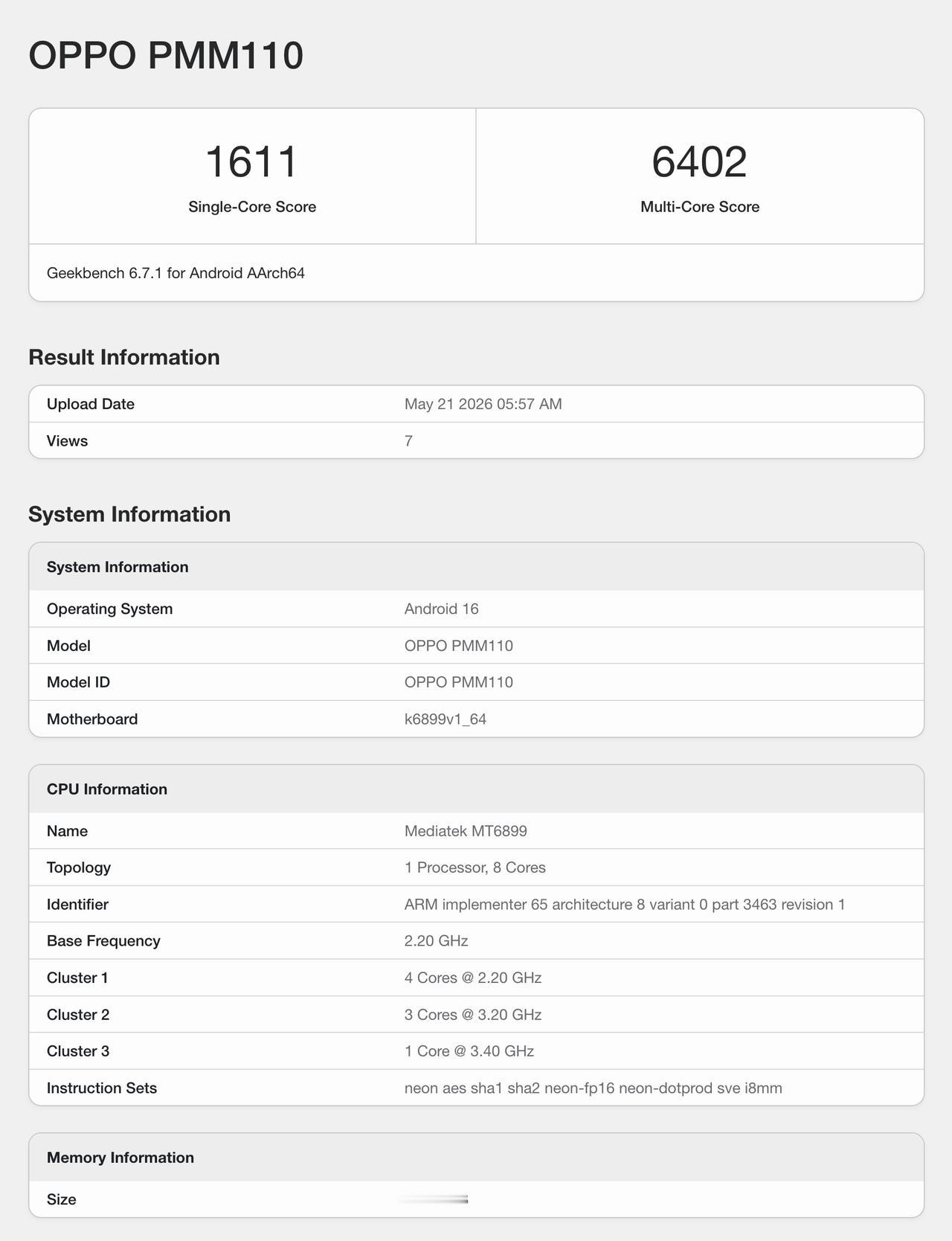 OPPO Reno16 标准版登上 GeekBench 6 官网，型号 PMM1