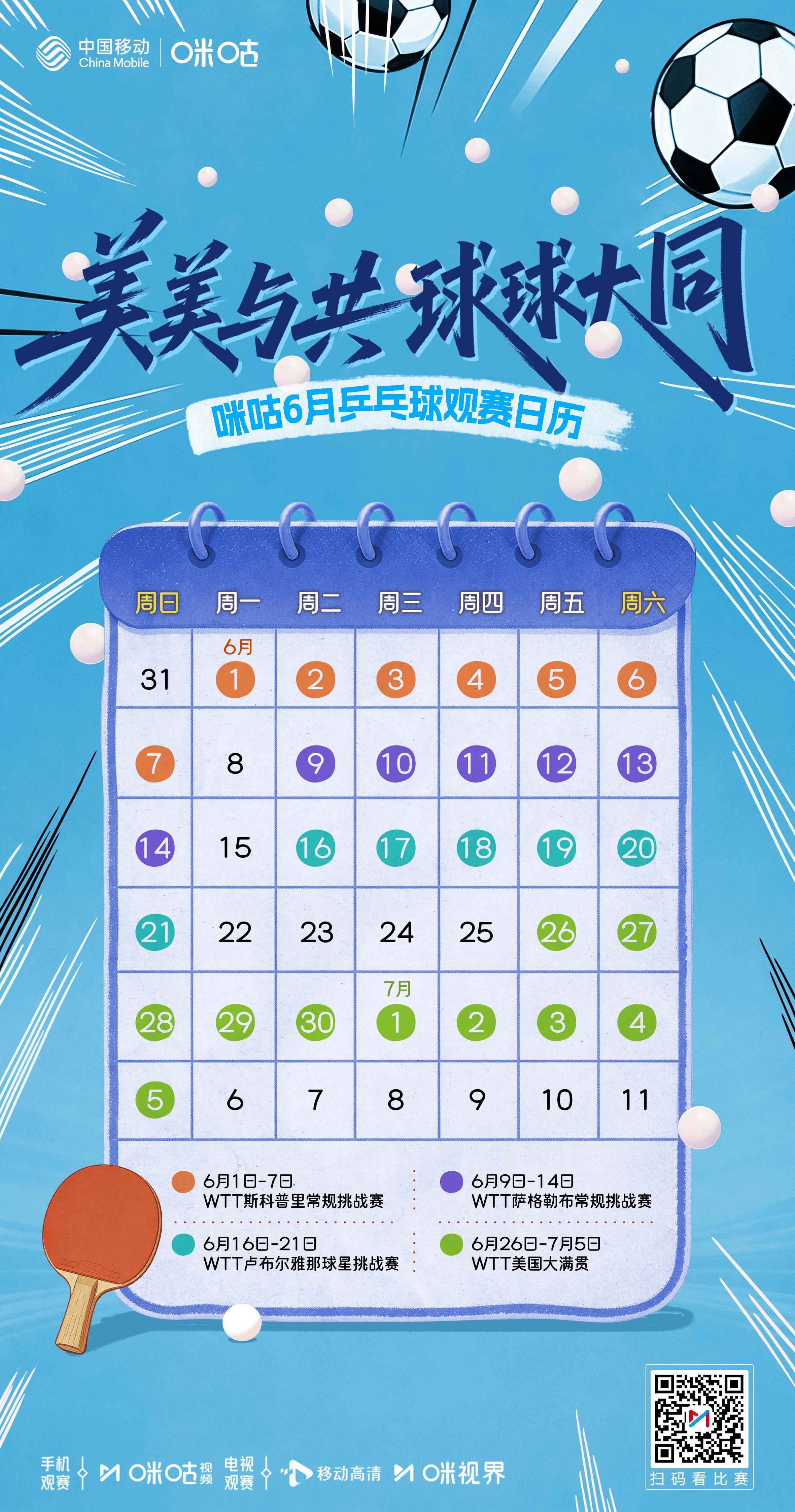 ☀️ 咪咕6️⃣月乒乓球观赛日历❤️🔥 WTT美国大满贯盛夏开打📢 和乒乓球