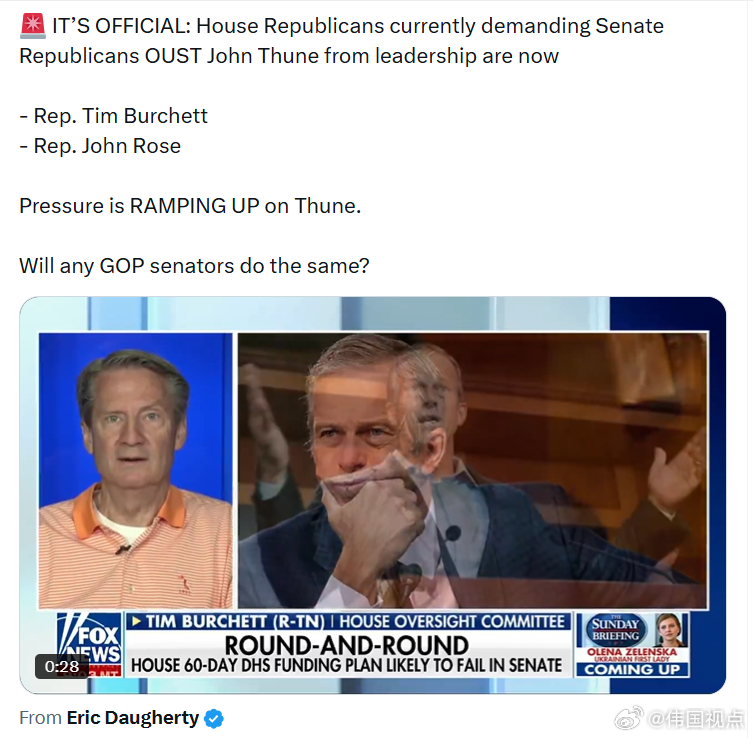国会议员蒂姆·伯切特呼吁参议院共和党人撤换领袖约翰·图恩。目前，要求罢免领袖约翰