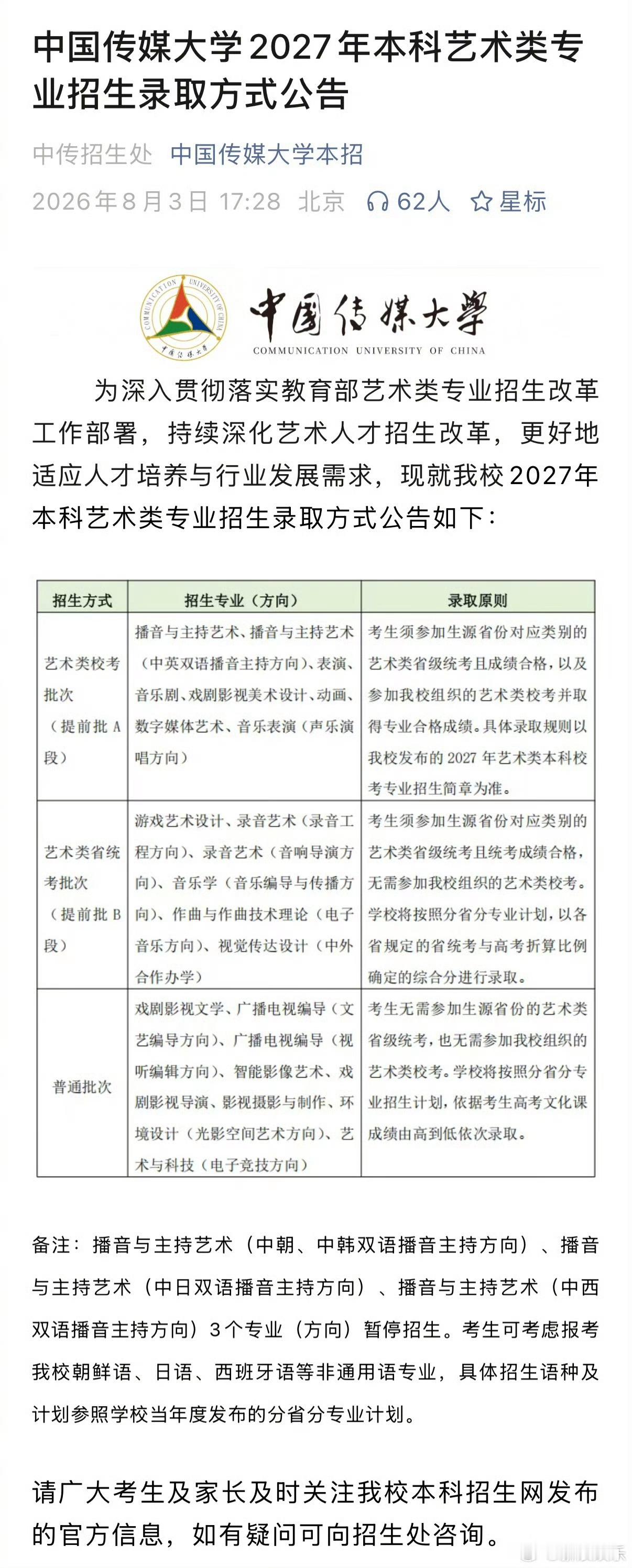 中传这边说取消部分专业的艺考 像导演编导类、艺术制作类、环境科技类其他相关专业也