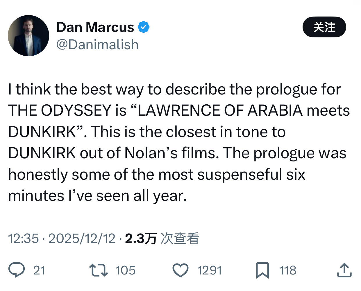 TNABO 《奥德赛》六分钟开场院线贴片反馈：普遍提及是《阿拉伯的劳伦斯》、《敦