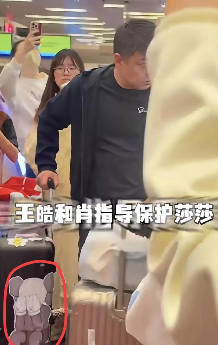 王皓机场紧张的护着莎莎，我却被他的行李箱吸引力。王指导推着一个大号行李箱，里面装