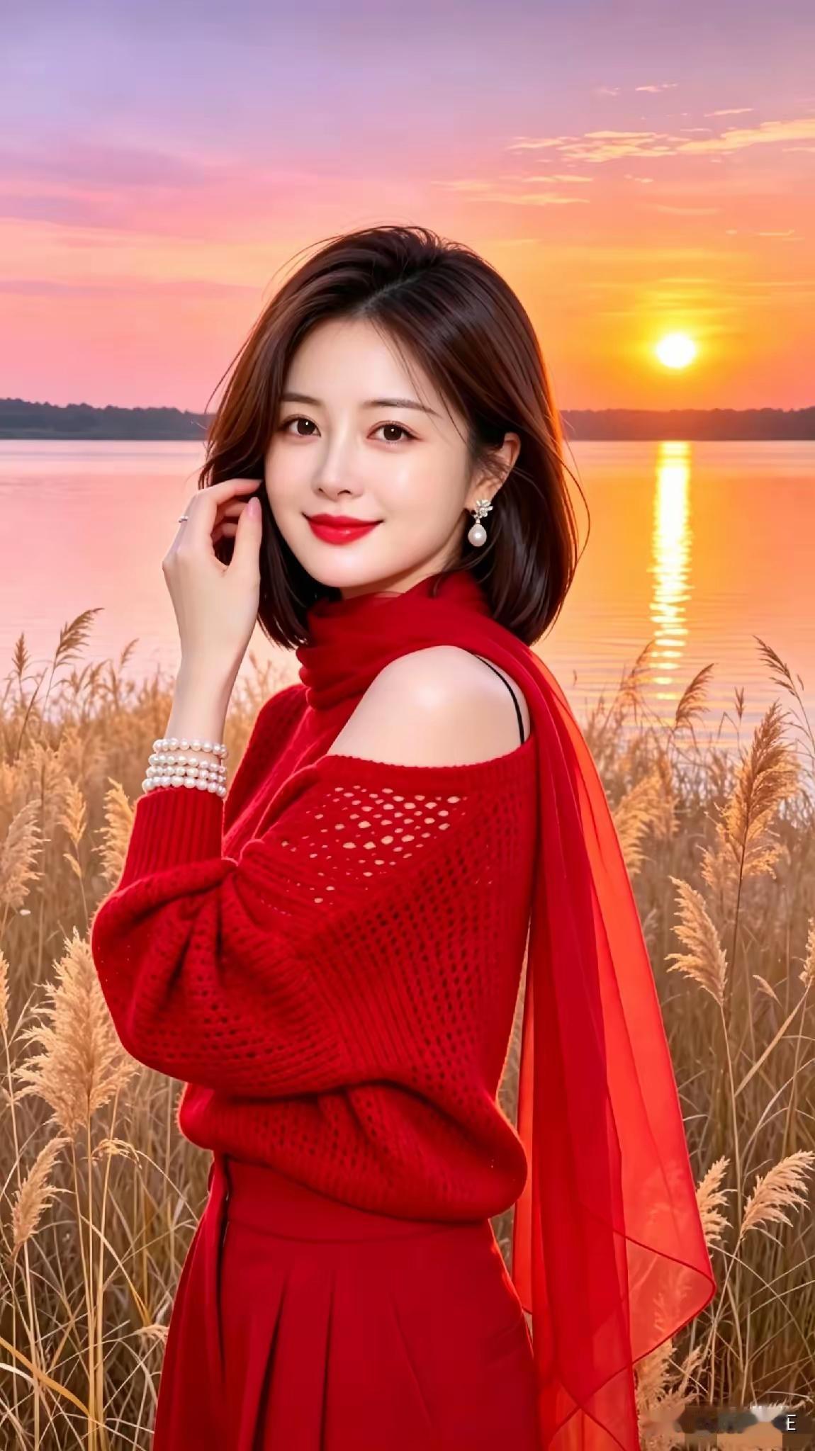 夕阳下，穿红裙的姑娘好美！