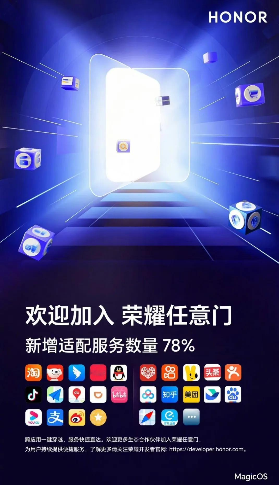 荣耀任意门新增适配服务高达78%，AI识别助力，一拖一放即导航。
购物、娱乐、办