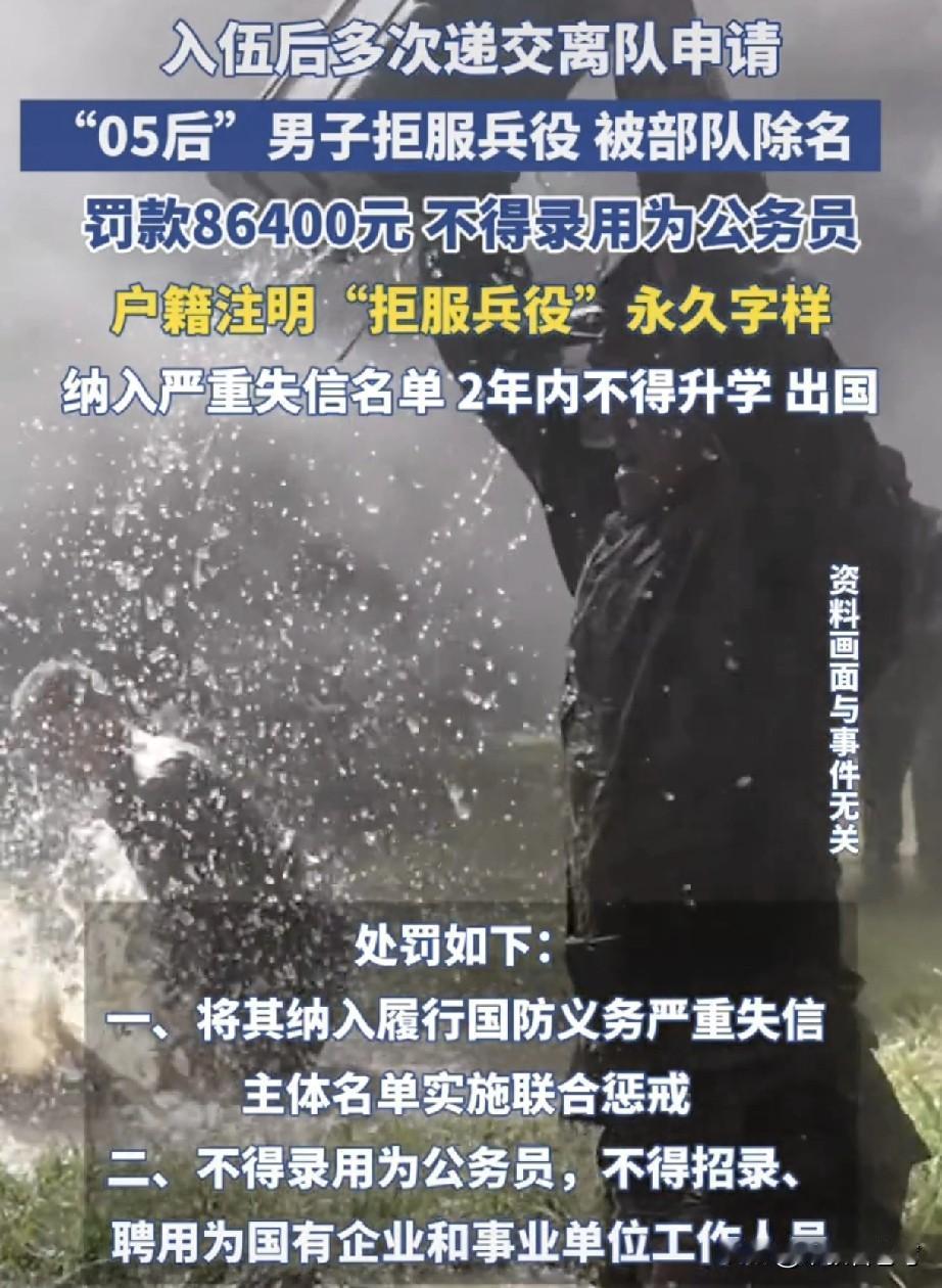 好！罚款86400元，不得录用为公务员，2年内不得升学不得出国，这个小伙子拒绝兵