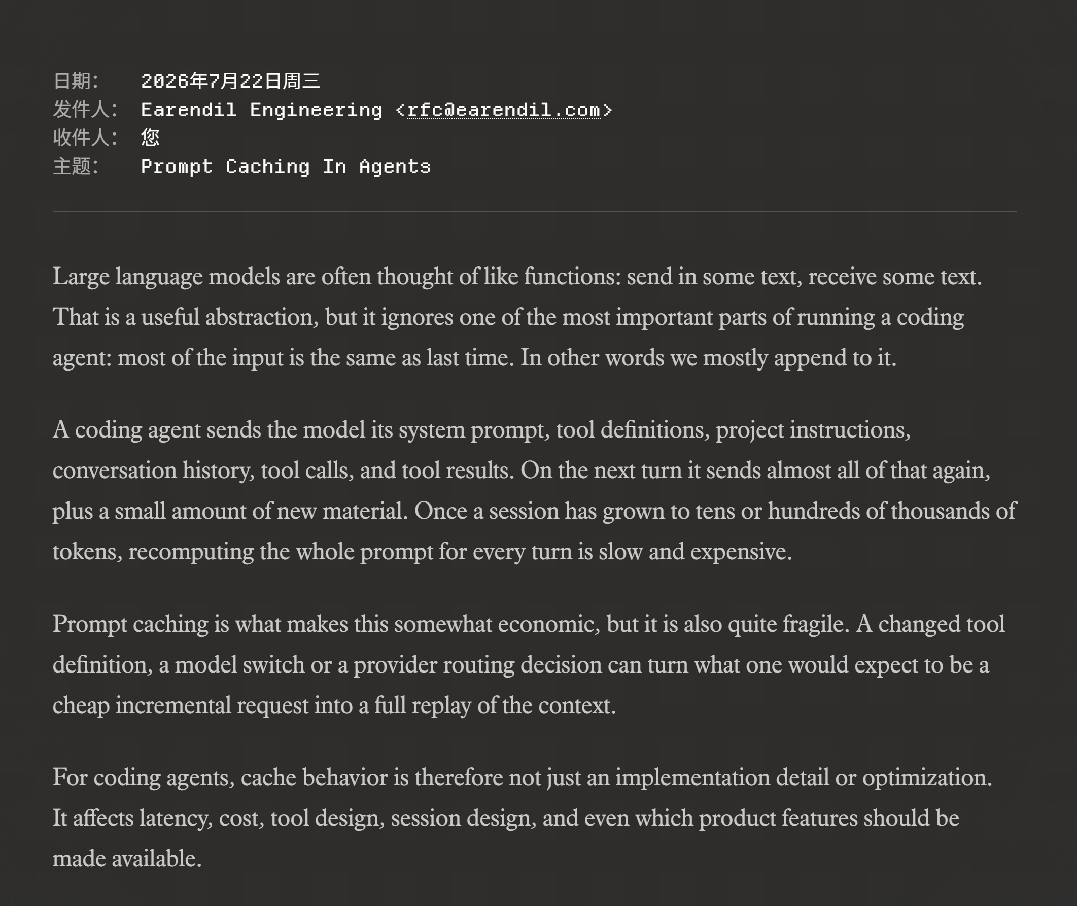 技术博文Prompt Caching In Agents网页链接Pi 的开发者写