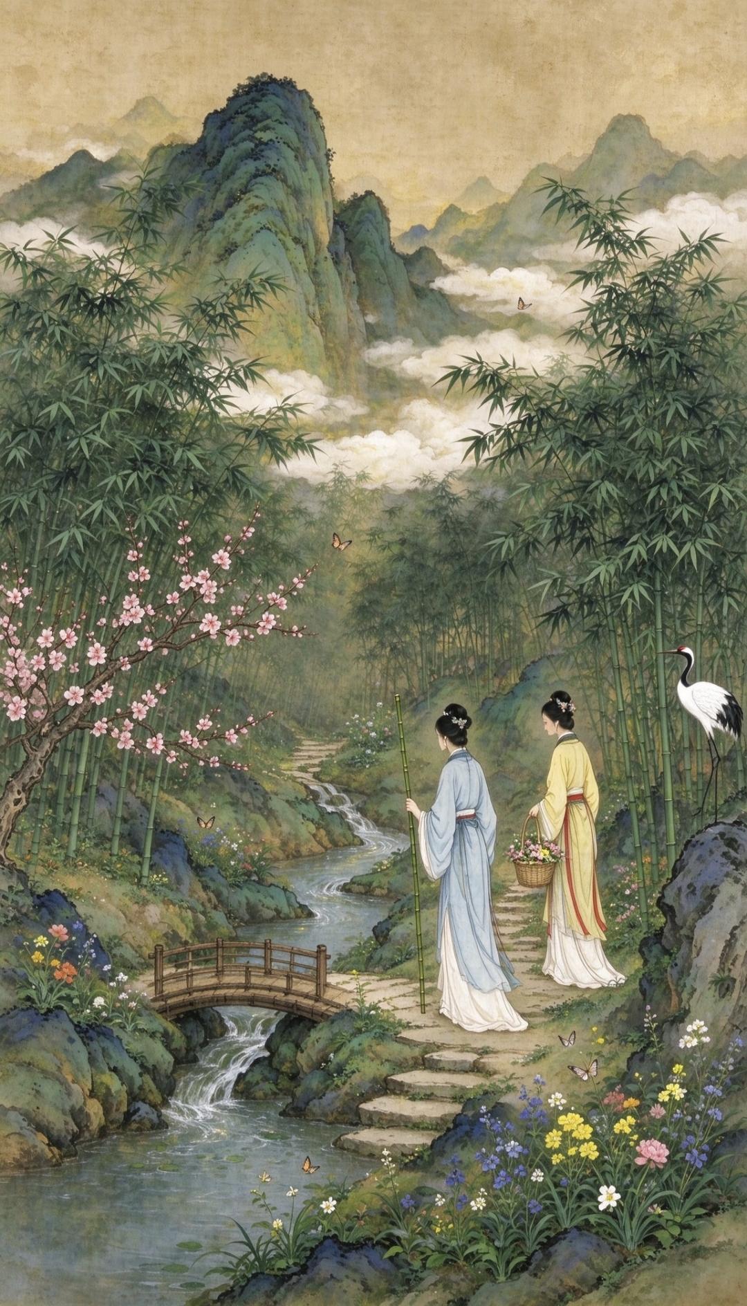 国风工笔插画|闲居雅事
​竹影轻摇，花开正好。琴声与茶香在风里缠绕，远离喧嚣，与