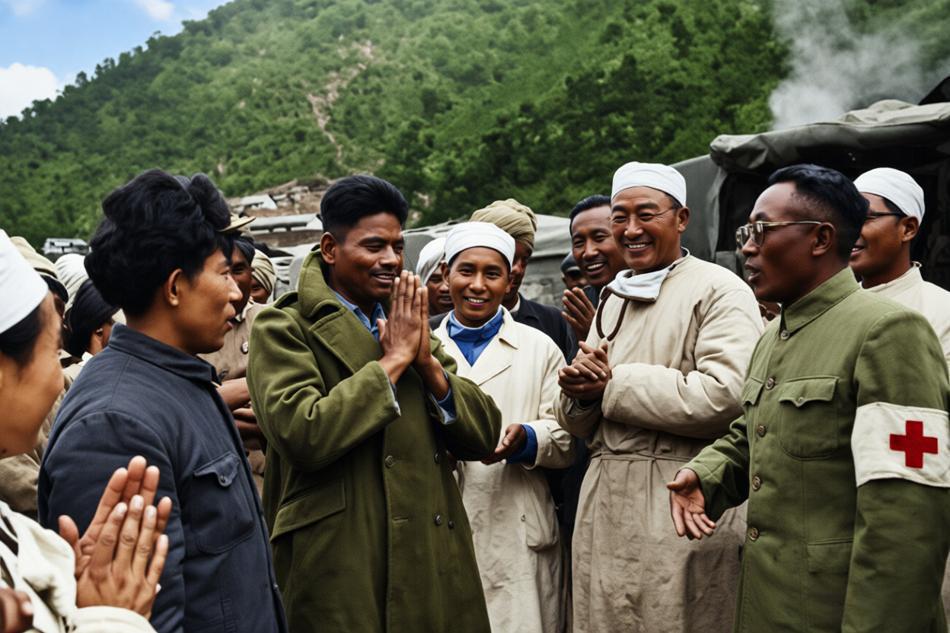 1963年春夏之交，中印边境移交点，被俘的阿三士兵在释放回国前，向中国红十字会工