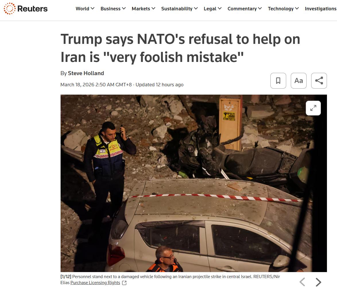 我认为北约在犯非常愚蠢的错误。所有人都同意我们（美国），但是他们都不想帮忙……我