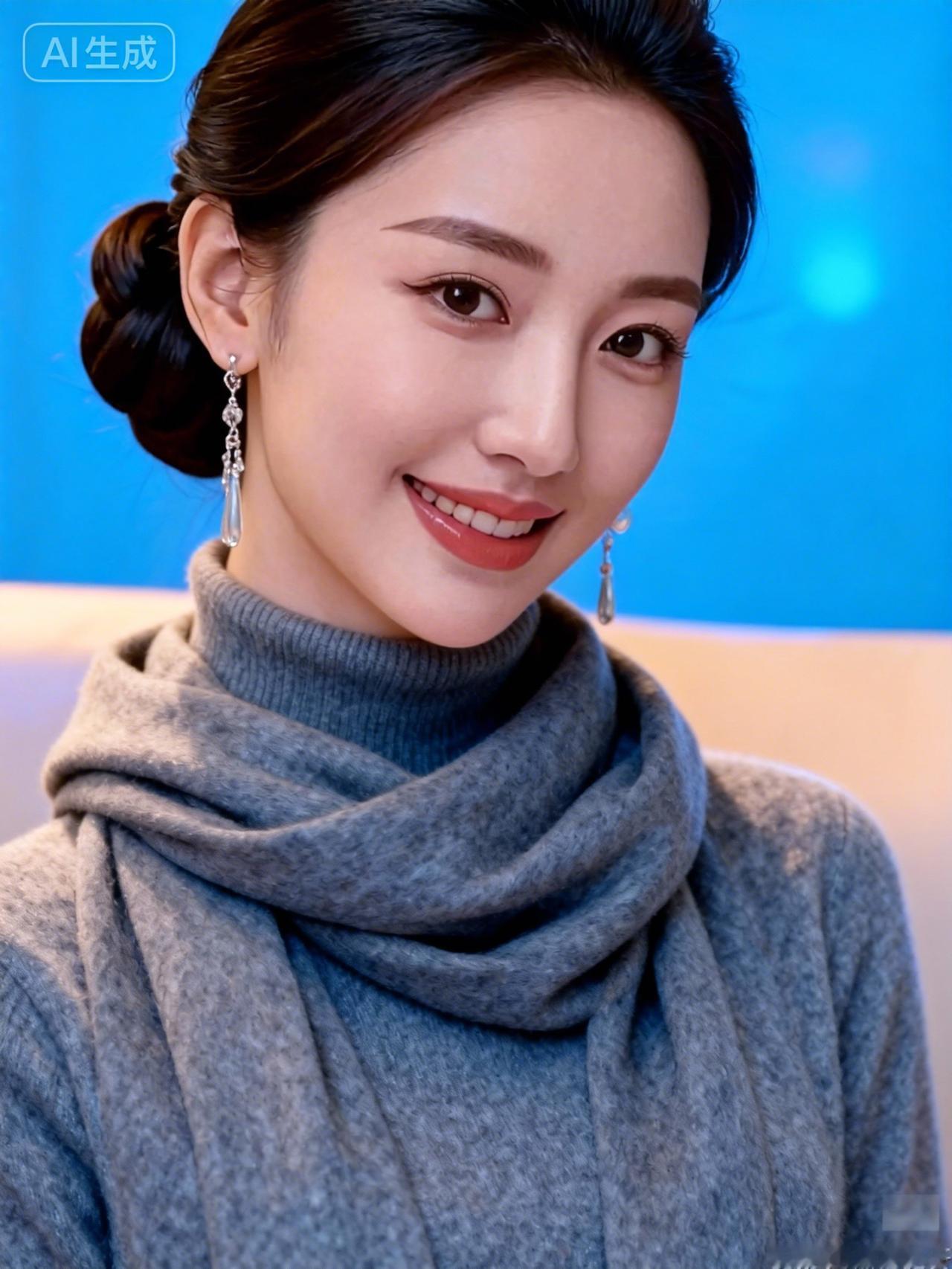 温柔微笑，优雅气质，灰色毛衣与耳环的完美搭配，尽显女性魅力。