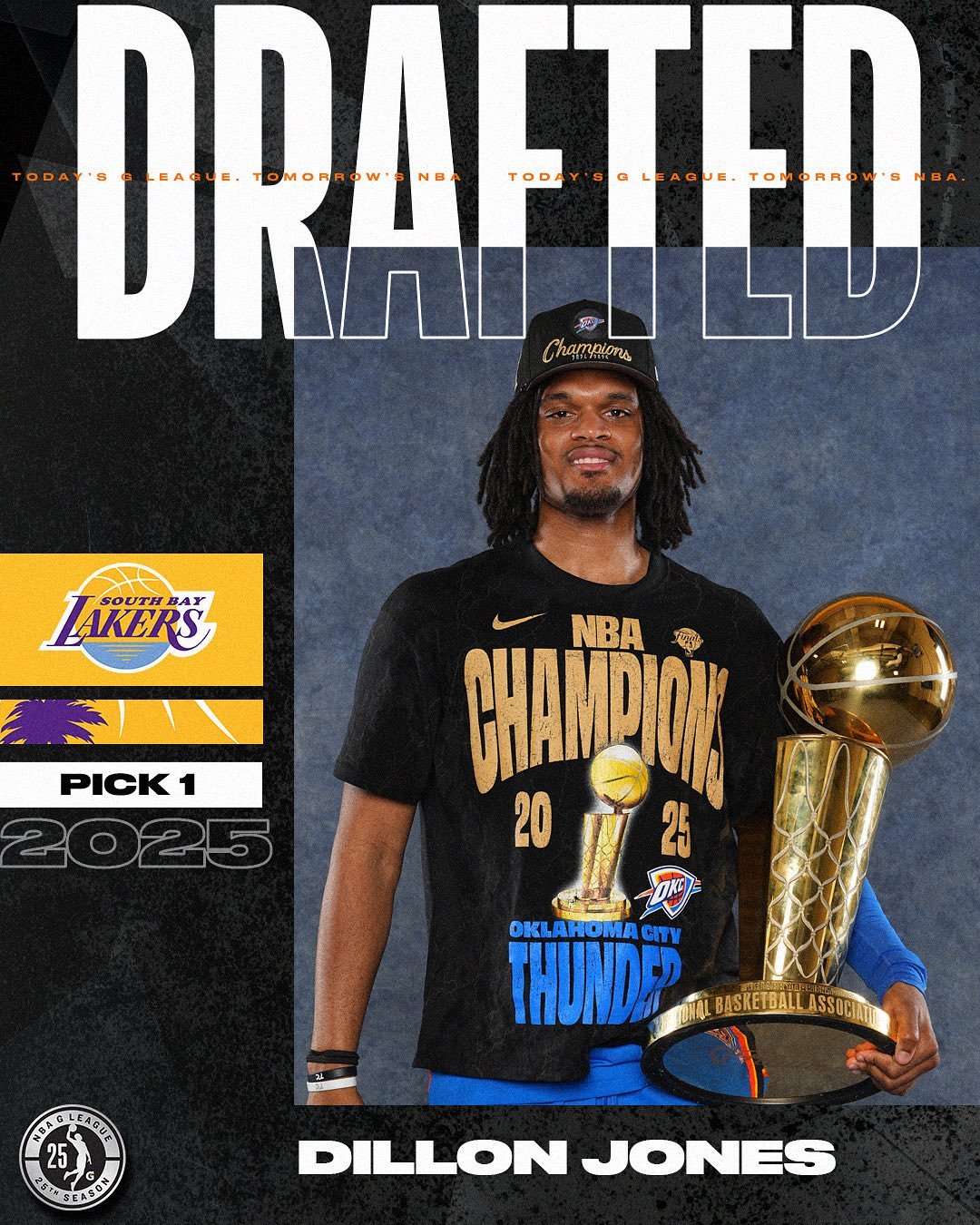 再就业！雷霆旧将狄龙琼斯在2025年G联赛选秀大会被南湾湖人在首轮第一顺位选中！