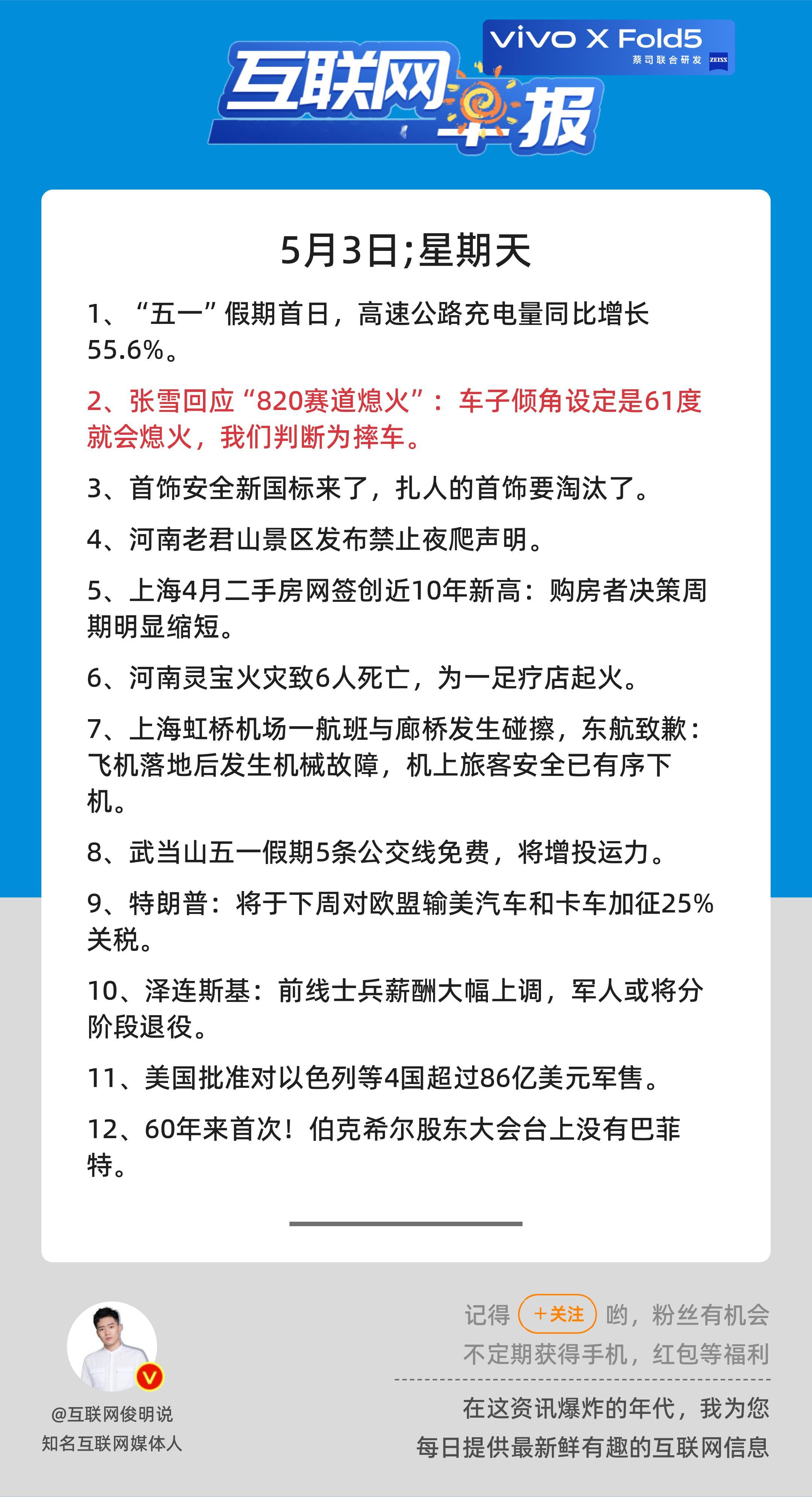 5月3日，星期天，《第3127期》；互联网早报，众览天下事关心第2条：张雪回应“