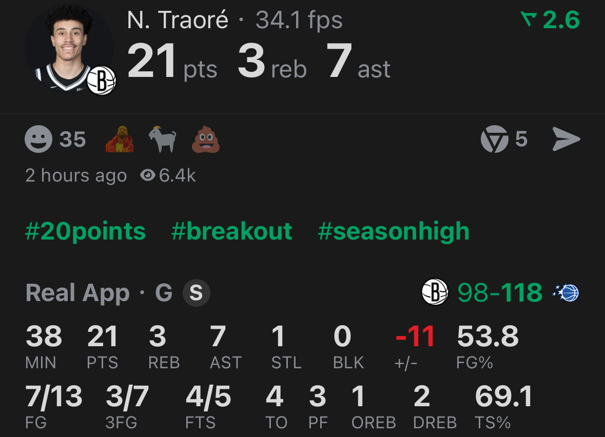 篮网最后时刻五小只齐登场，杰明6记三分拿到生涯新高的26分，特劳雷打出生涯最佳一