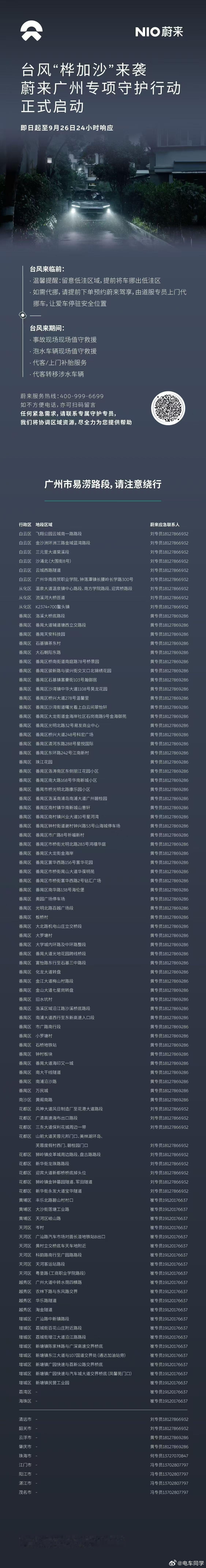 蔚来广州的团队汇总了一张广州容易积水的图，然后把每个区域的服务专员电话都给写上，