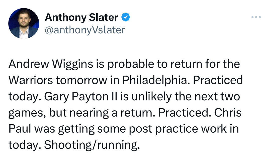 勇士队伤情更新：维金斯开始训练 有望下场回归小佩顿接近回归 但接下来两场复出无望