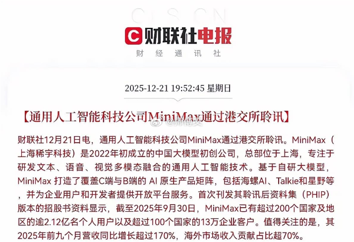 这一板块迎来利好催化！通用AI企业MiniMax（上海稀宇科技）于2025年12
