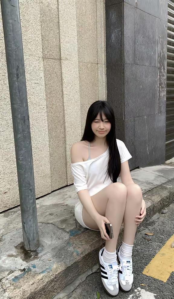 🖤 街角的风裹着松弛感，白衫配短裤，在斑驳的墙根下偷得半日闲。低头的温柔和抬眼