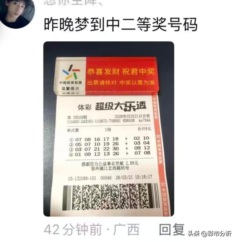 彩友称昨晚梦到了二等奖号码并出票：07 08 16 17 18+02 10，另外