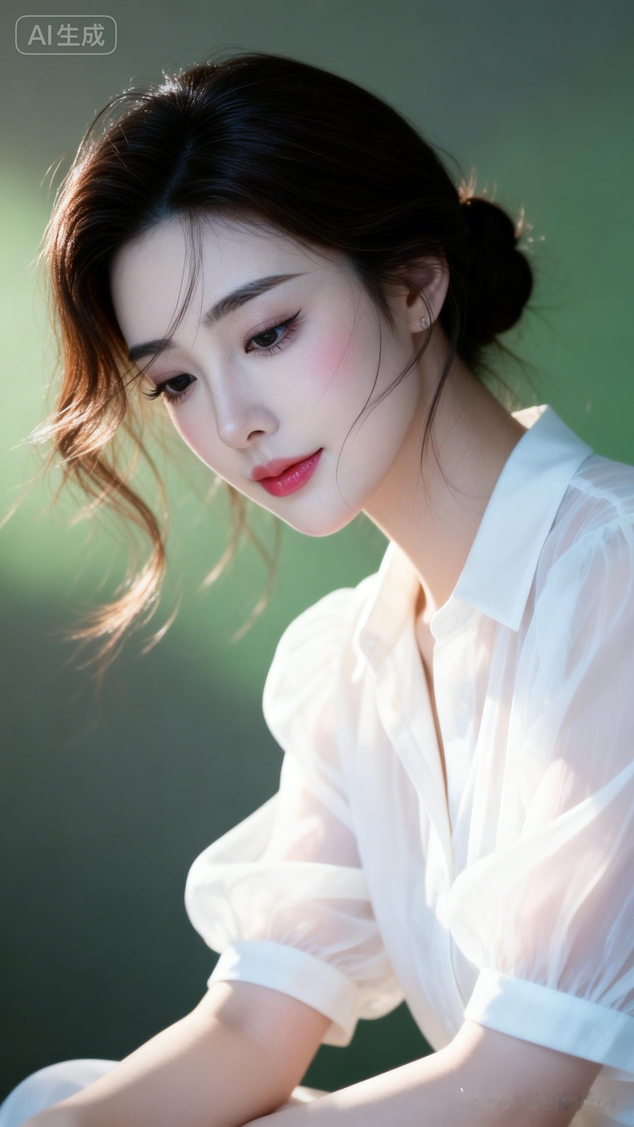 女子侧身静坐垂眸。低发髻发丝轻垂，白纱泡泡袖衬衫温婉动人。粉系妆容清丽，侧逆光勾